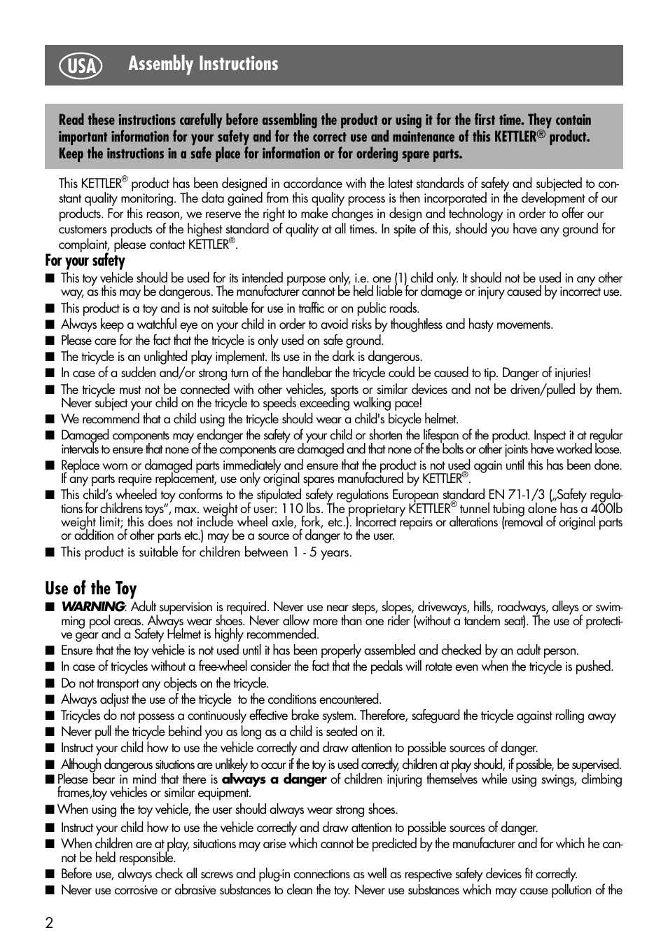 Assembly instructions, Use of the toy, For your safety | Kettler 08838-399 User Manual | Page 2 / 14