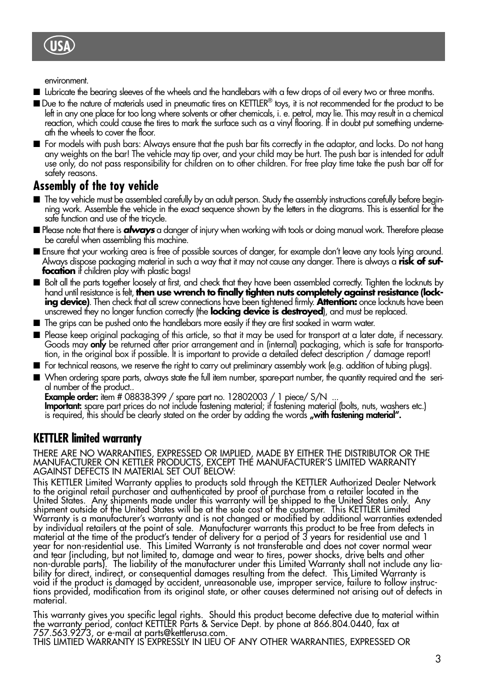 Assembly of the toy vehicle, Kettler limited warranty | Kettler 08838-399 User Manual | Page 3 / 14