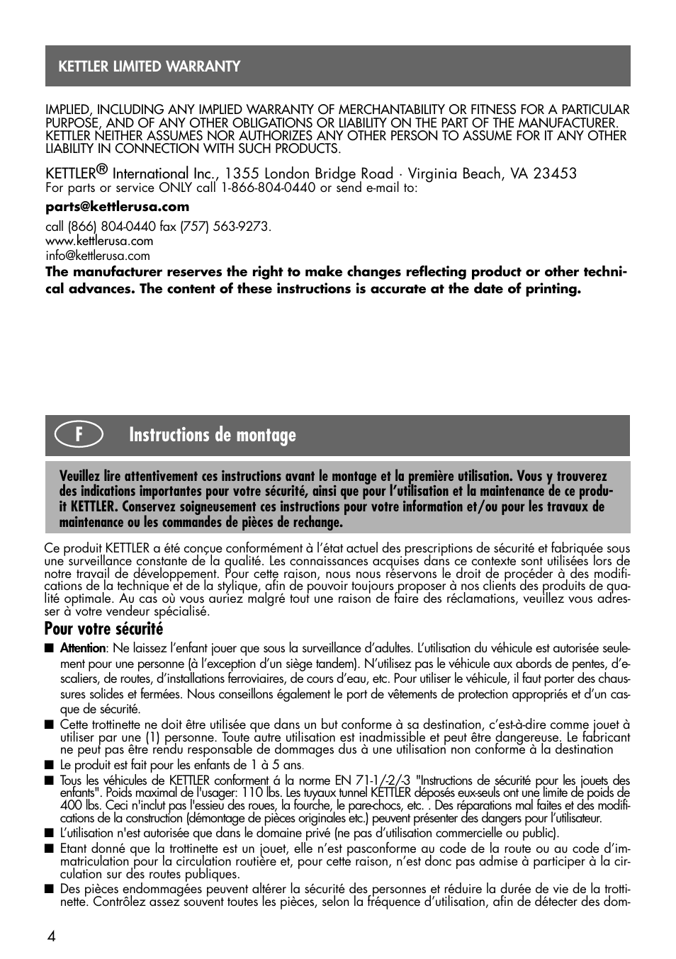 Instructions de montage, Pour votre sécurité | Kettler 08838-399 User Manual | Page 4 / 14