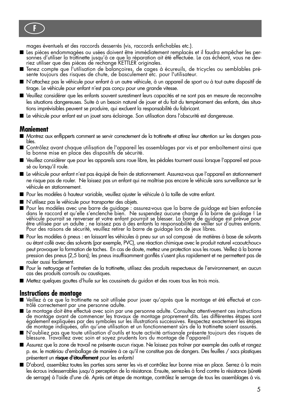 Maniement, Instructions de montage | Kettler 08838-399 User Manual | Page 5 / 14