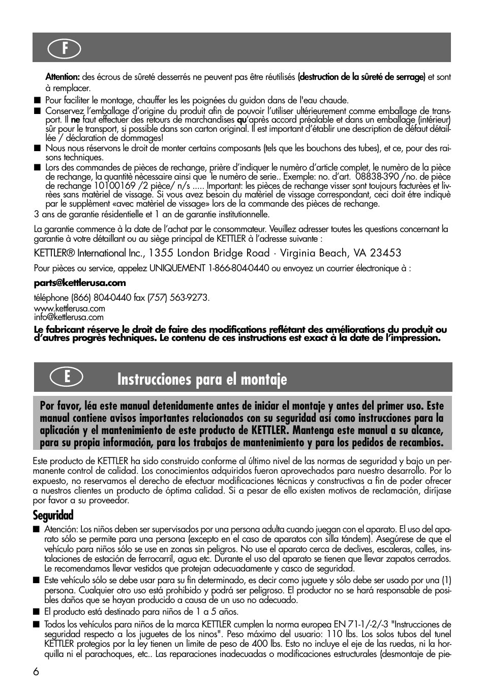 Einstrucciones para el montaje f, Seguridad | Kettler 08838-399 User Manual | Page 6 / 14