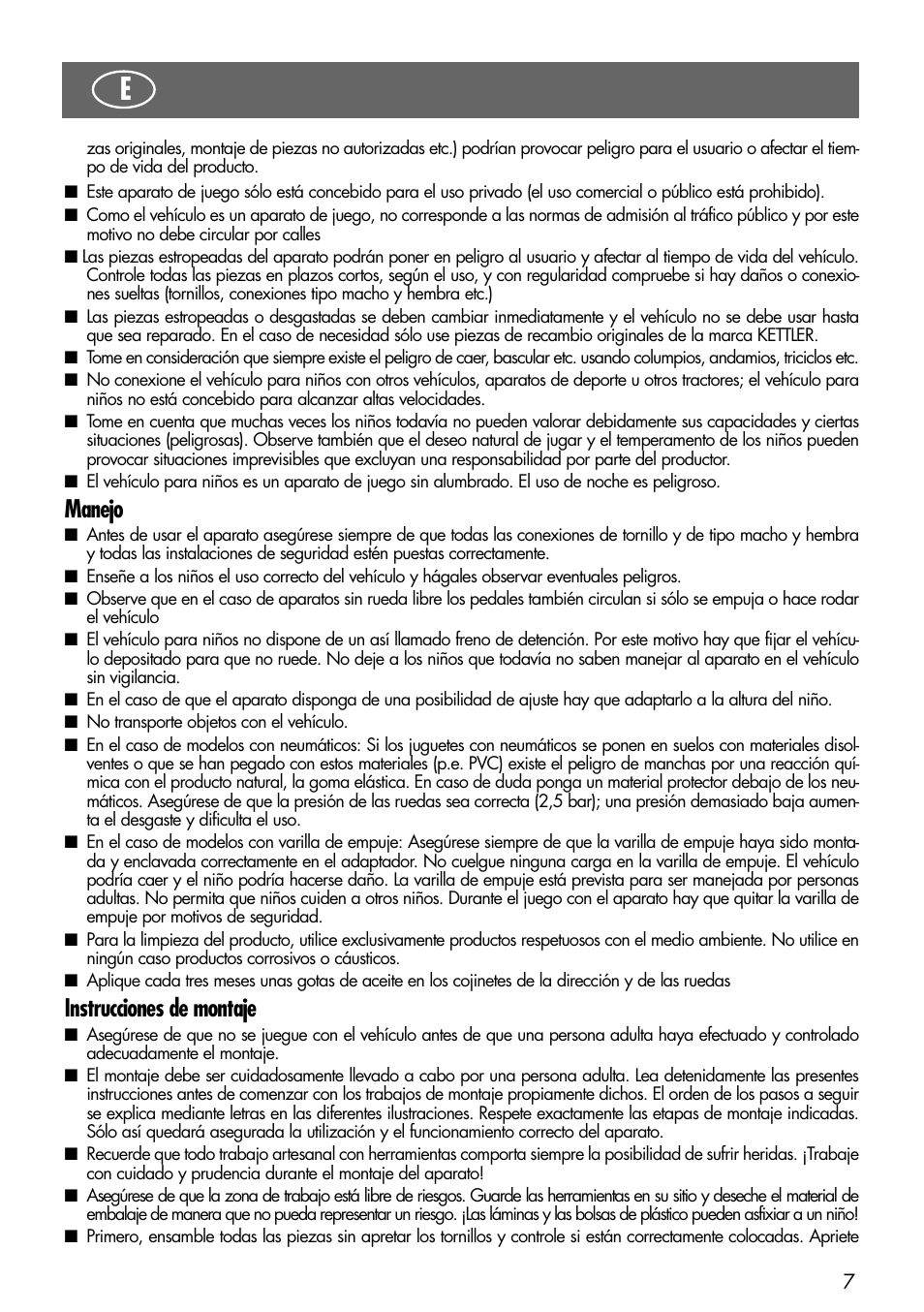 Manejo, Instrucciones de montaje | Kettler 08838-399 User Manual | Page 7 / 14