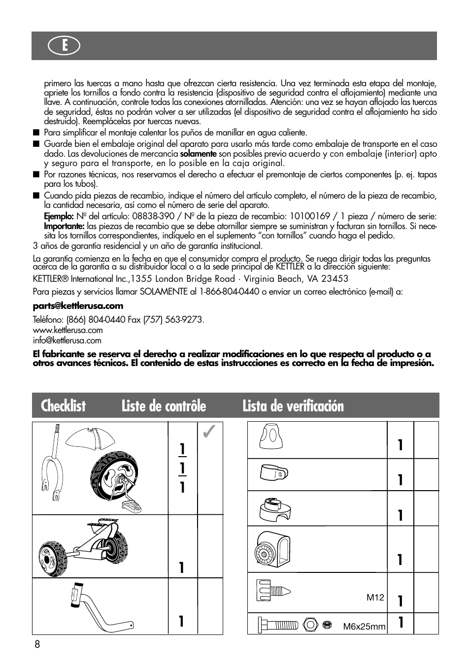 Checklist liste de contrôle lista de verificación | Kettler 08838-399 User Manual | Page 8 / 14