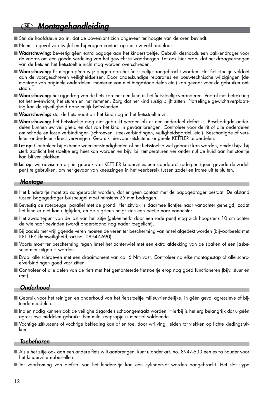 Montagehandleiding, Montage, Onderhoud | Toebehoren | Kettler DVP721VR/00 User Manual | Page 12 / 28