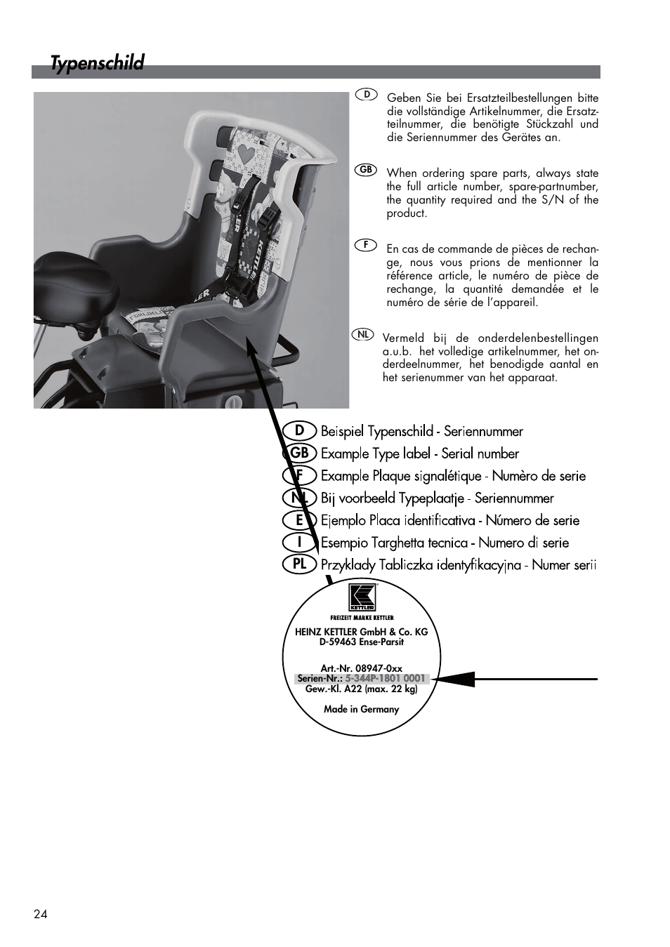 Typenschild, Pl i e nl f gb d | Kettler DVP721VR/00 User Manual | Page 24 / 28