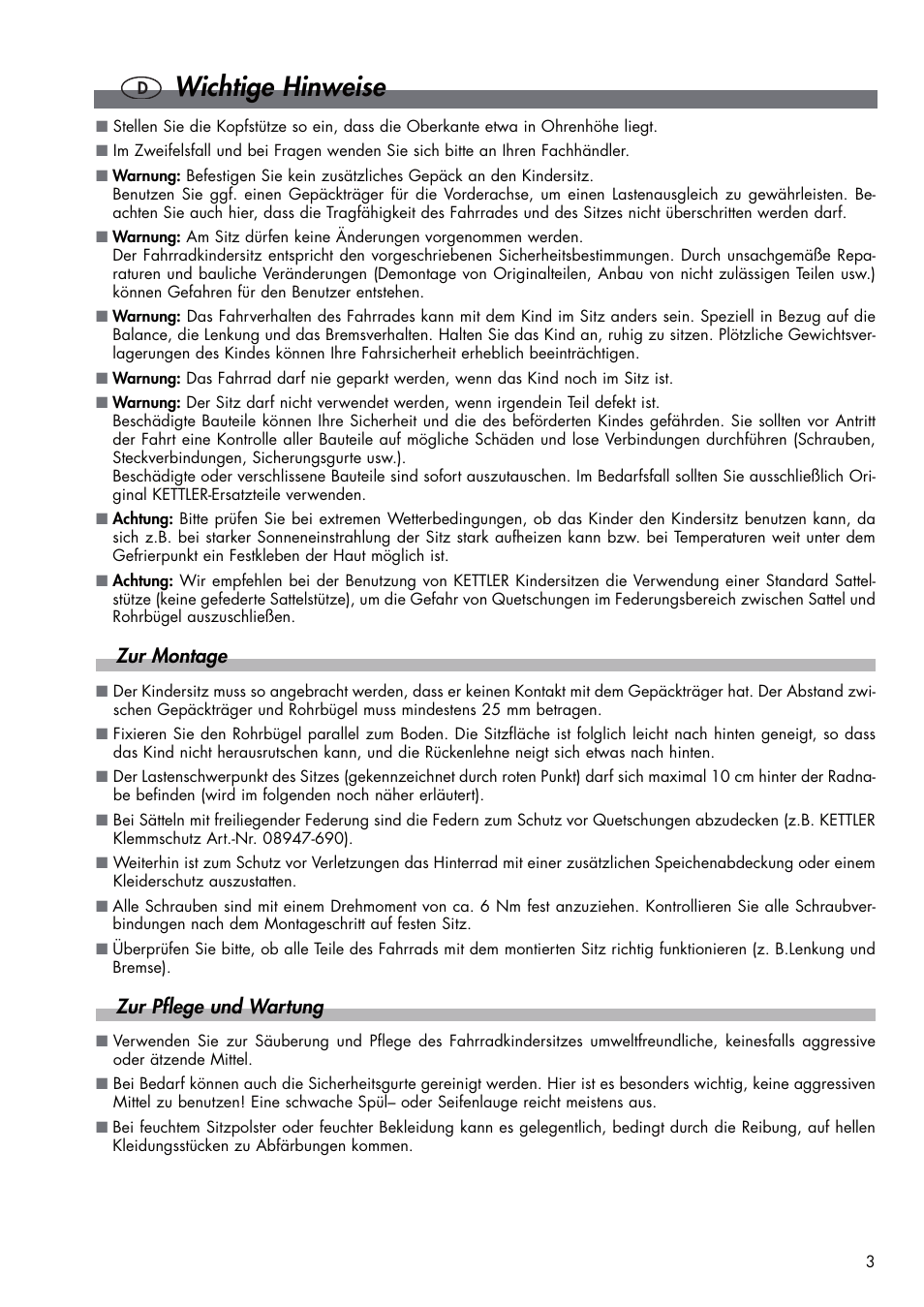 Wichtige hinweise, Zur montage, Zur pflege und wartung | Kettler DVP721VR/00 User Manual | Page 3 / 28