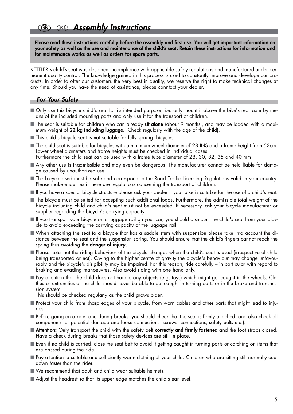 Assembly instructions, For your safety | Kettler DVP721VR/00 User Manual | Page 5 / 28