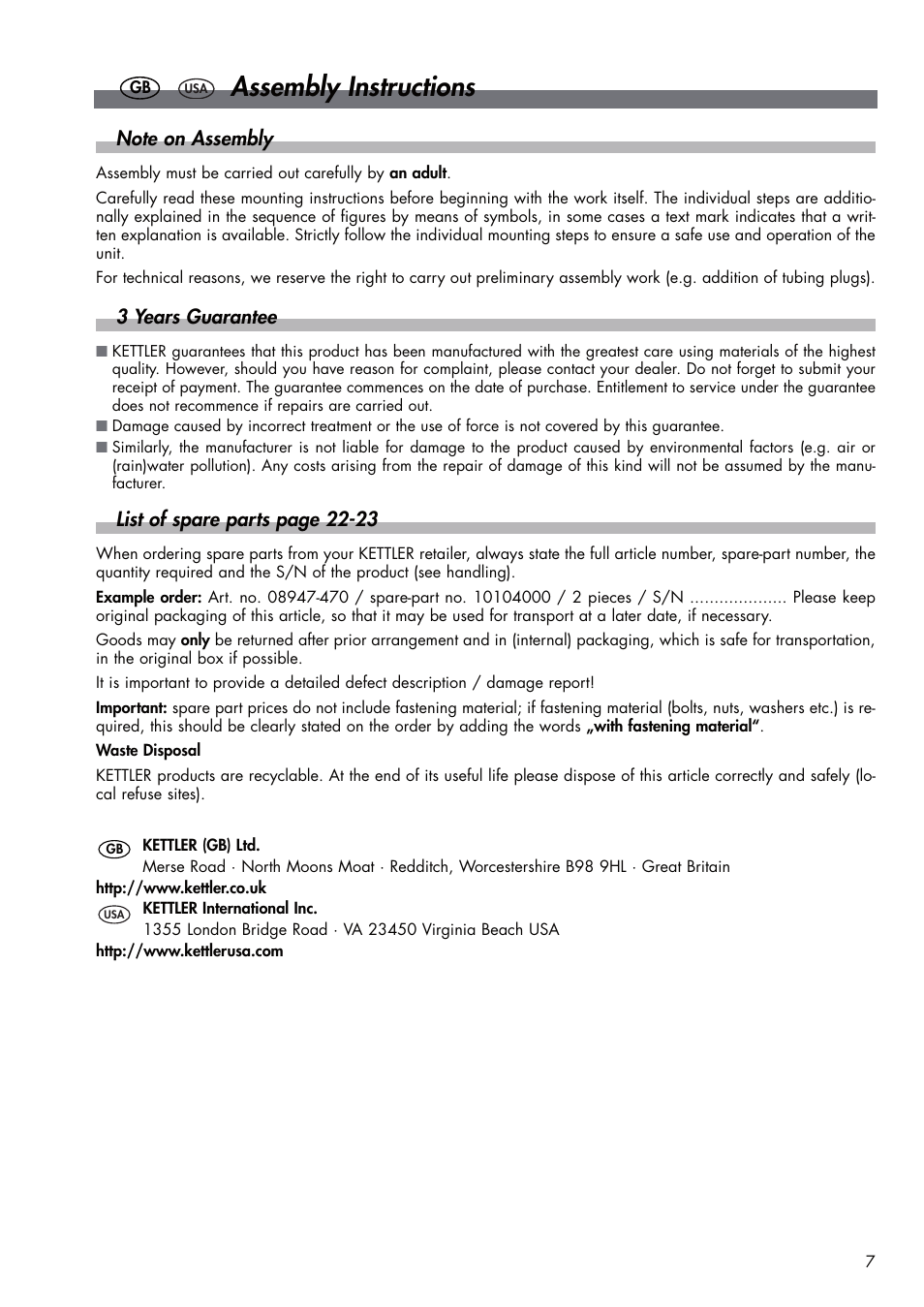 Assembly instructions, 3 years guarantee, List of spare parts page 22-23 | Kettler DVP721VR/00 User Manual | Page 7 / 28