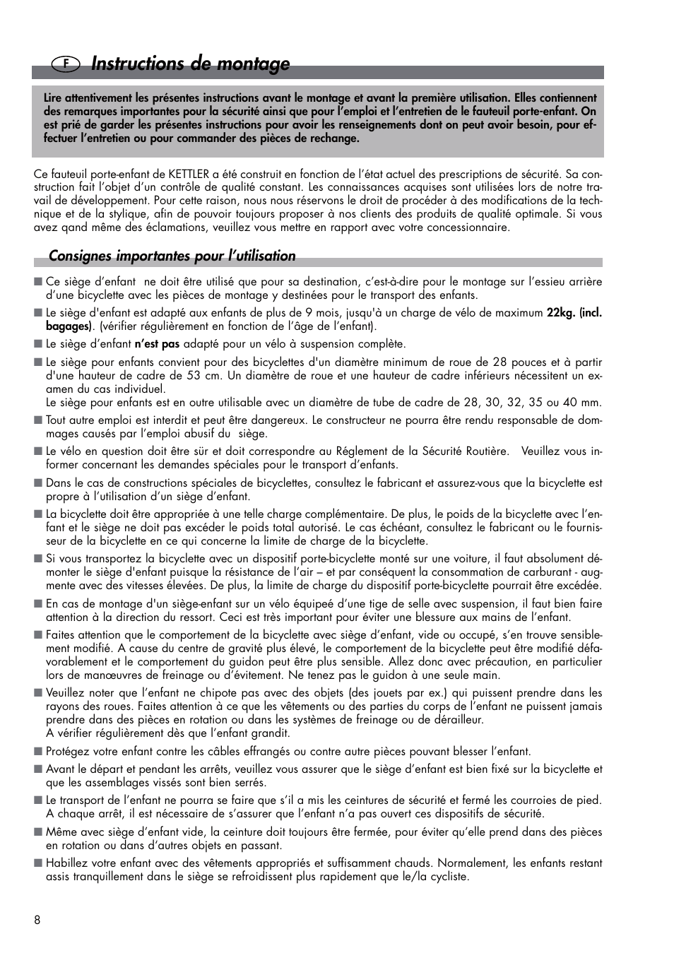 Instructions de montage, Consignes importantes pour l’utilisation | Kettler DVP721VR/00 User Manual | Page 8 / 28