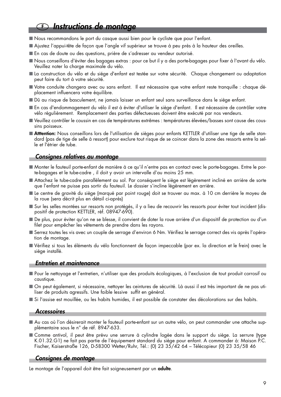 Instructions de montage, Consignes relatives au montage, Entretien et maintenance | Accessoires, Consignes de montage | Kettler DVP721VR/00 User Manual | Page 9 / 28