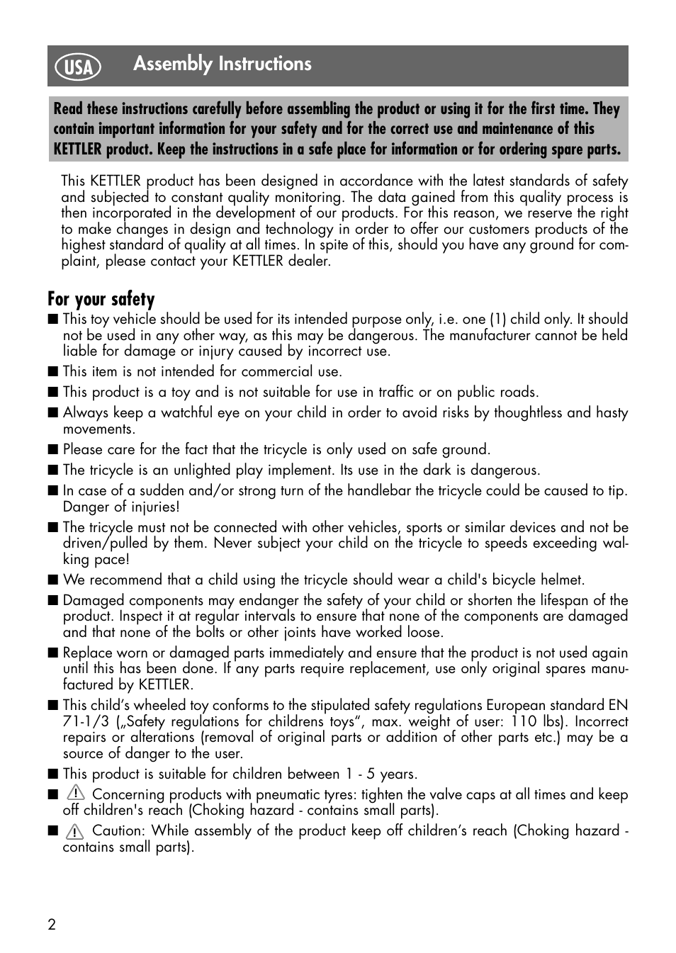 For your safety, Assembly instructions | Kettler HAPPY PRINCESSIN NAVIGATOR 08838-790 User Manual | Page 2 / 17