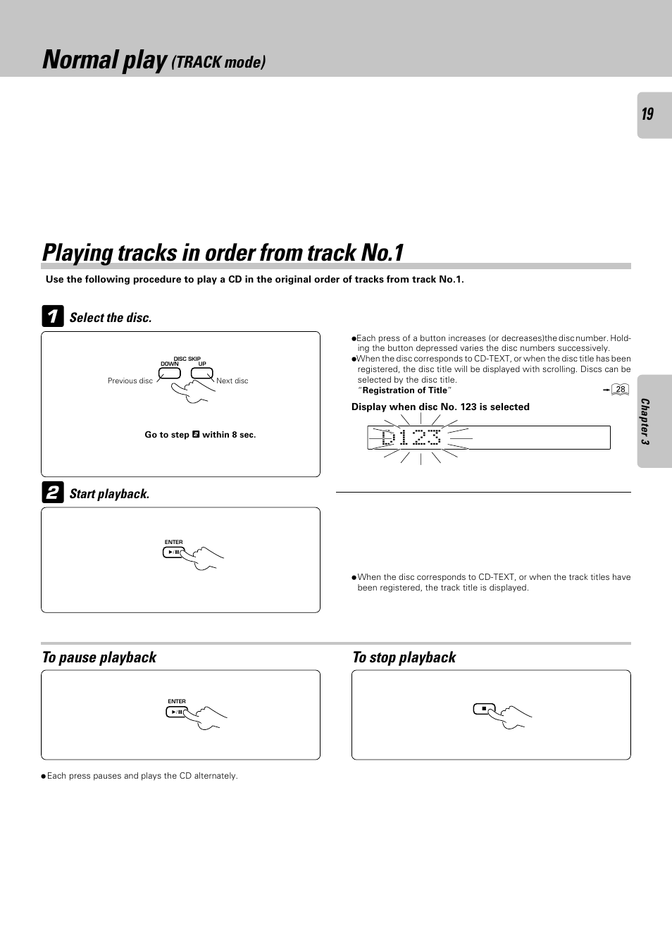 Normal play (track mode), Playing tracks in order from track no.1, Normal play | Track mode) | Kenwood DPF-J6030 User Manual | Page 19 / 44