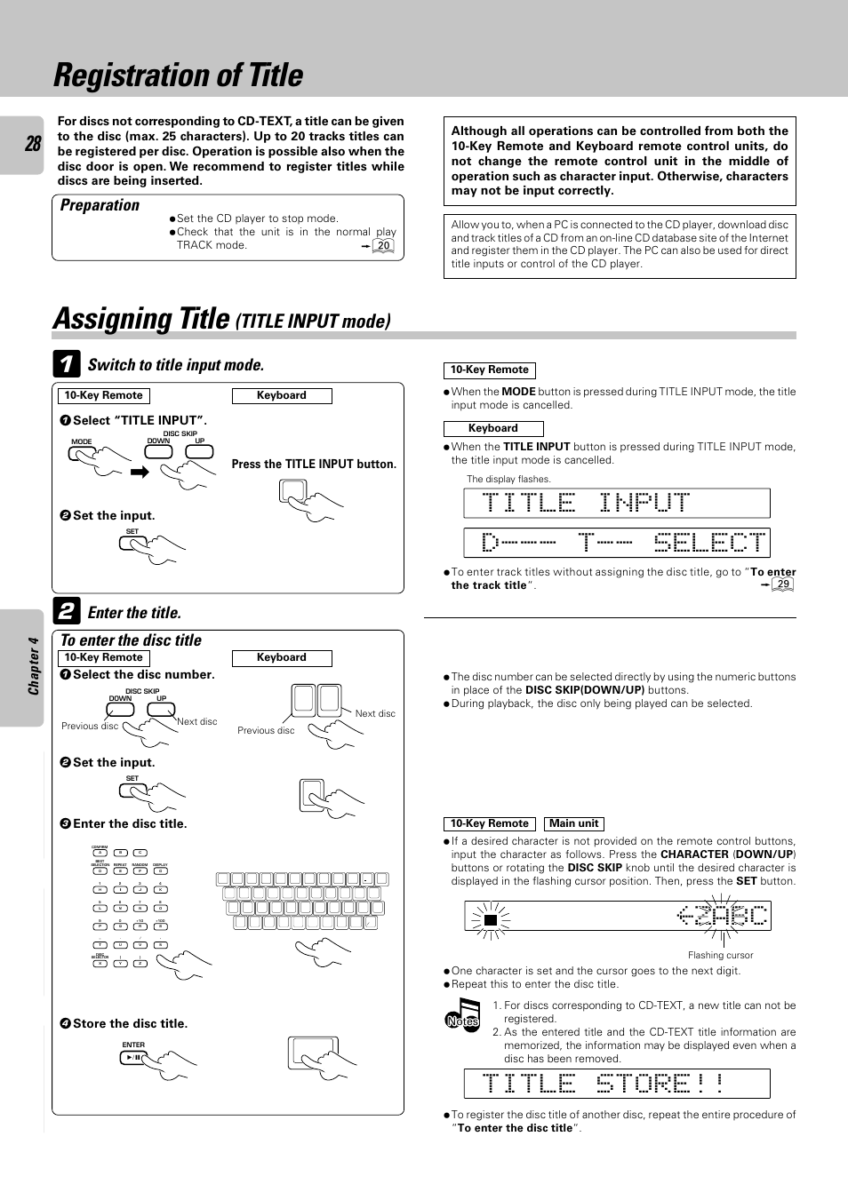 Registration of title, Assigning title (title input mode), Assigning title | Ca z b, Title input mode), Switch to title input mode, Preparation, Enter the title | Kenwood DPF-J6030 User Manual | Page 28 / 44
