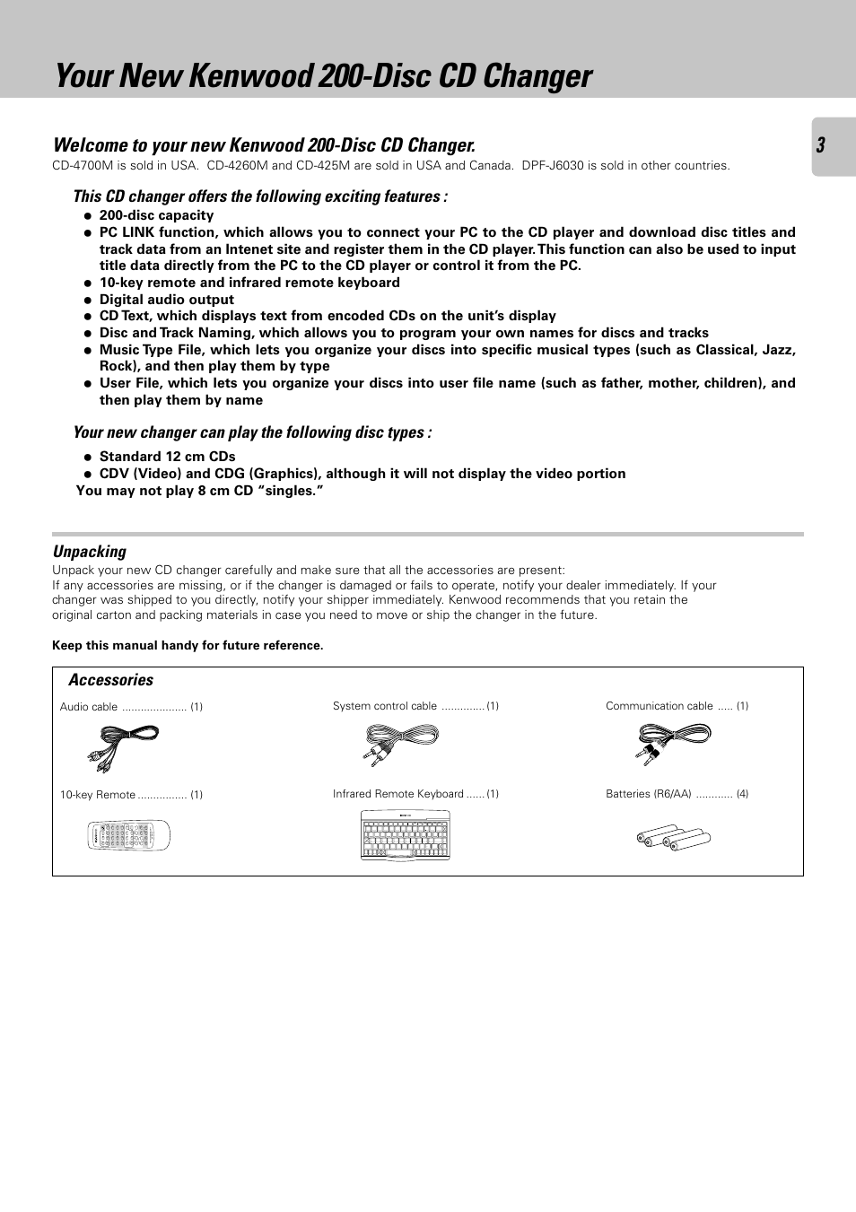 Your new kenwood 200-disc cd changer, Welcome to your new kenwood 200-disc cd changer, Unpacking | Accessories | Kenwood DPF-J6030 User Manual | Page 3 / 44