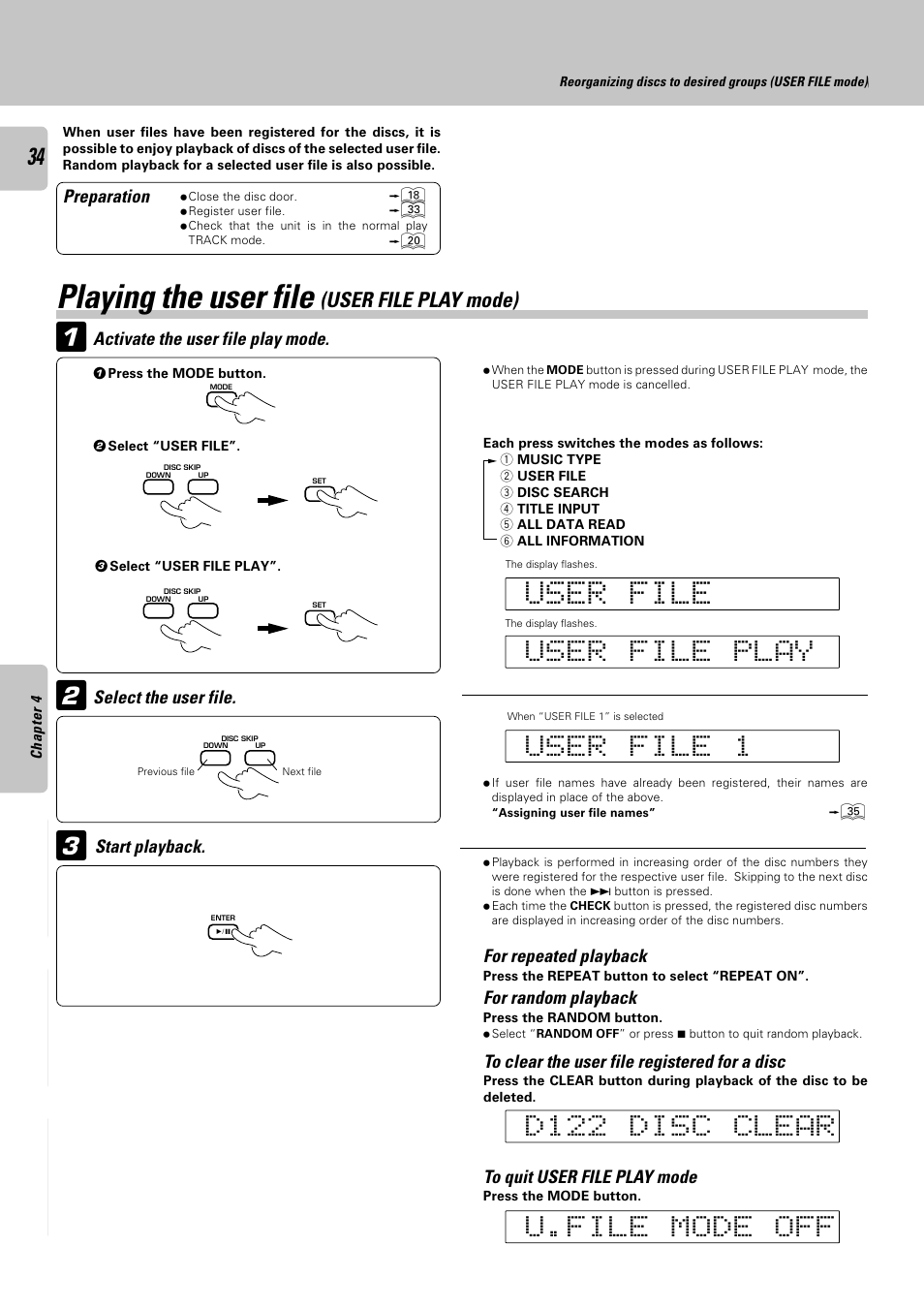 Playing the user file (user file play mode), Playing the user file | Kenwood DPF-J6030 User Manual | Page 34 / 44