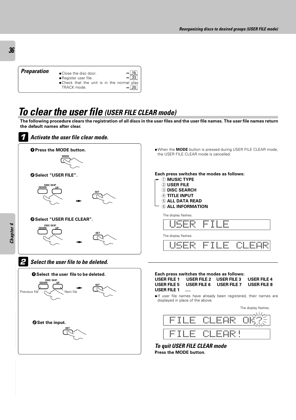 To clear the user file (user file clear mode), User file clear mode) | Kenwood DPF-J6030 User Manual | Page 36 / 44