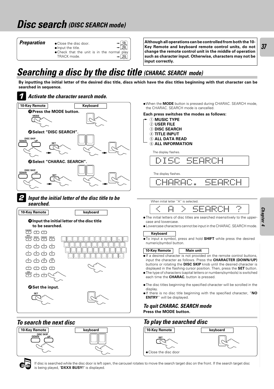 Disc search (disc search mode), Disc search, Searching a disc by the disc title | Disc search mode), Charac. search mode), Preparation, Activate the character search mode | Kenwood DPF-J6030 User Manual | Page 37 / 44