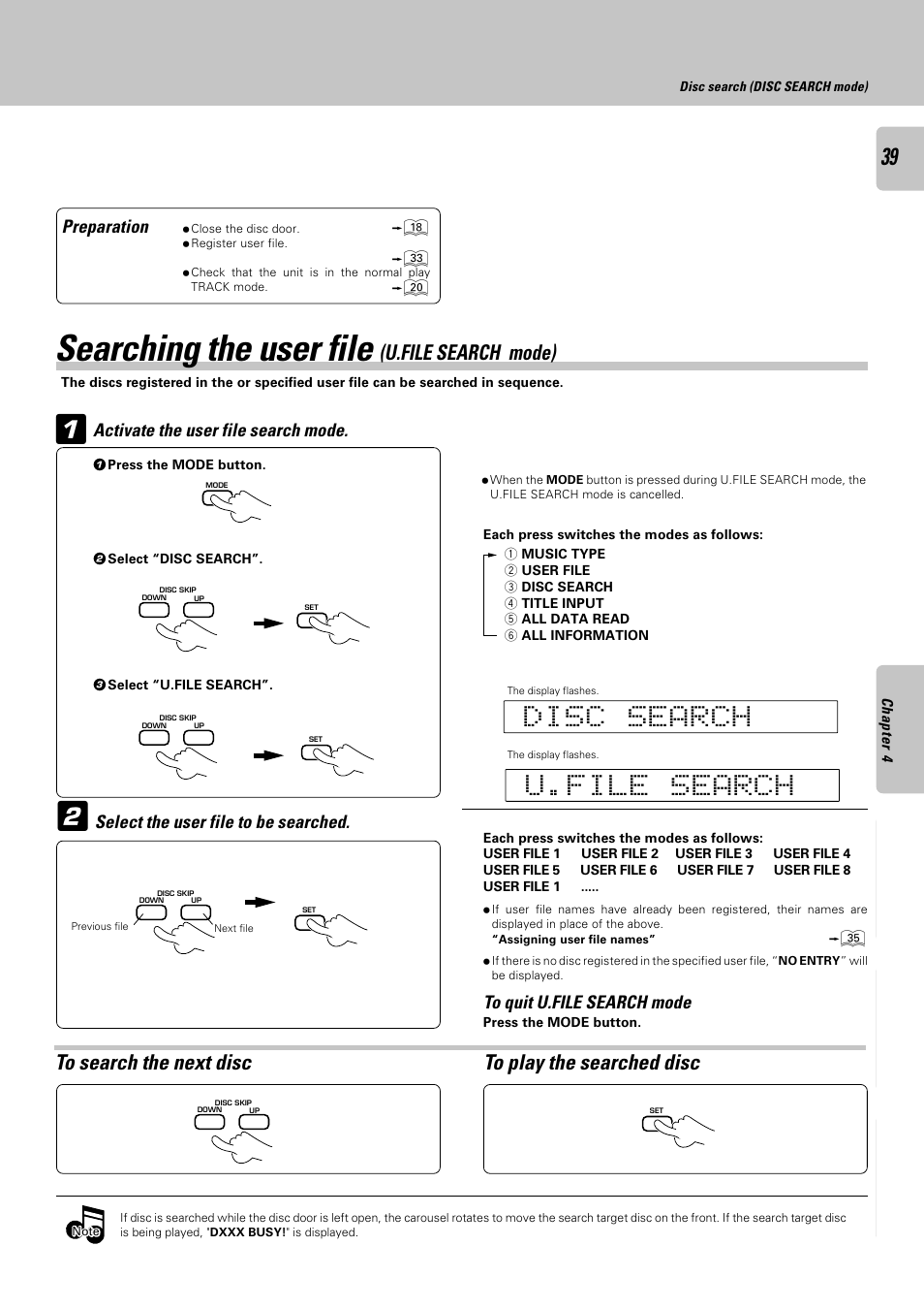 Searching the user file (u.file search mode), Searching the user file, U.file search mode) | Kenwood DPF-J6030 User Manual | Page 39 / 44