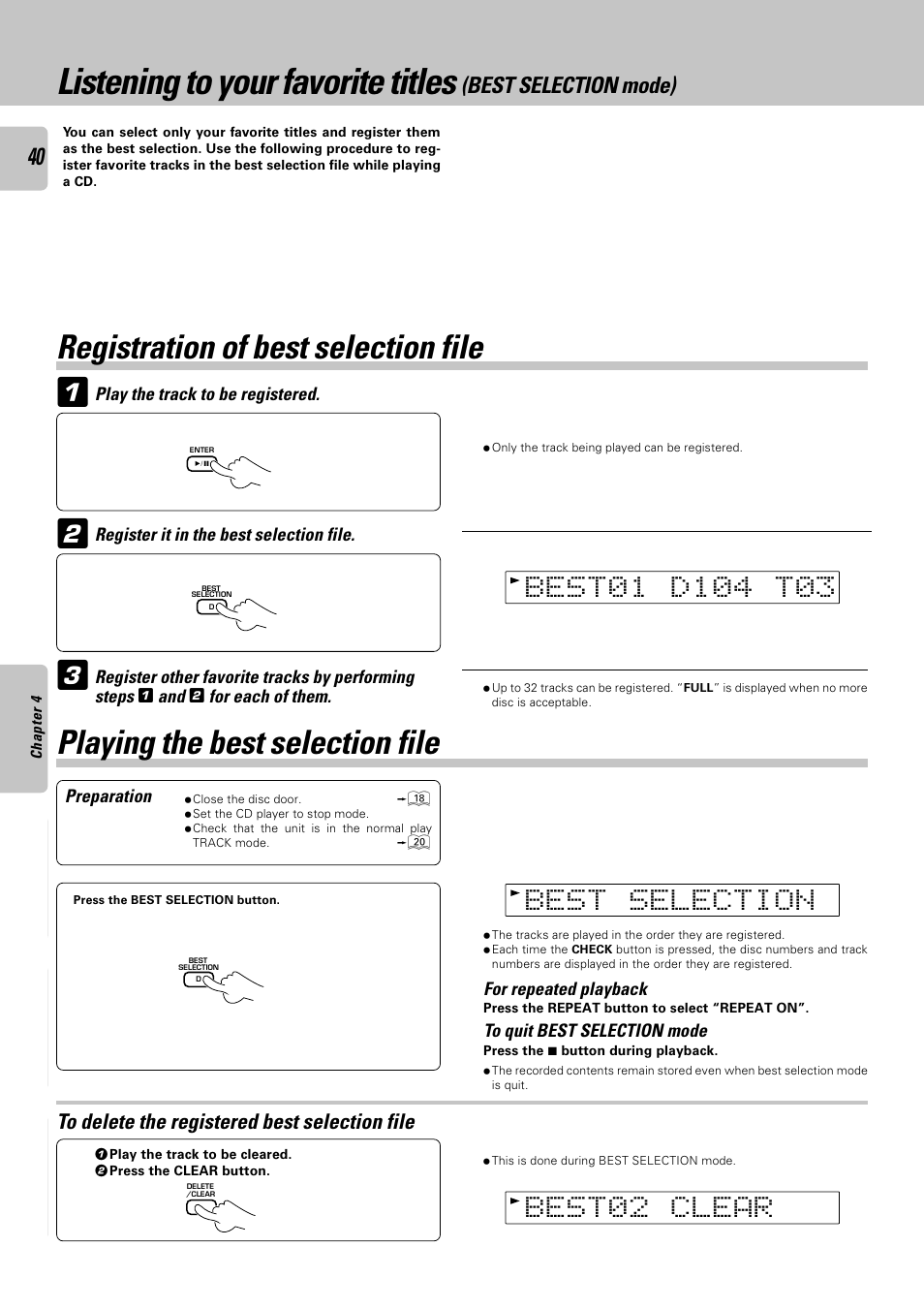 Registration of best selection file, Playing the best selection file, Listening to your favorite titles | Kenwood DPF-J6030 User Manual | Page 40 / 44