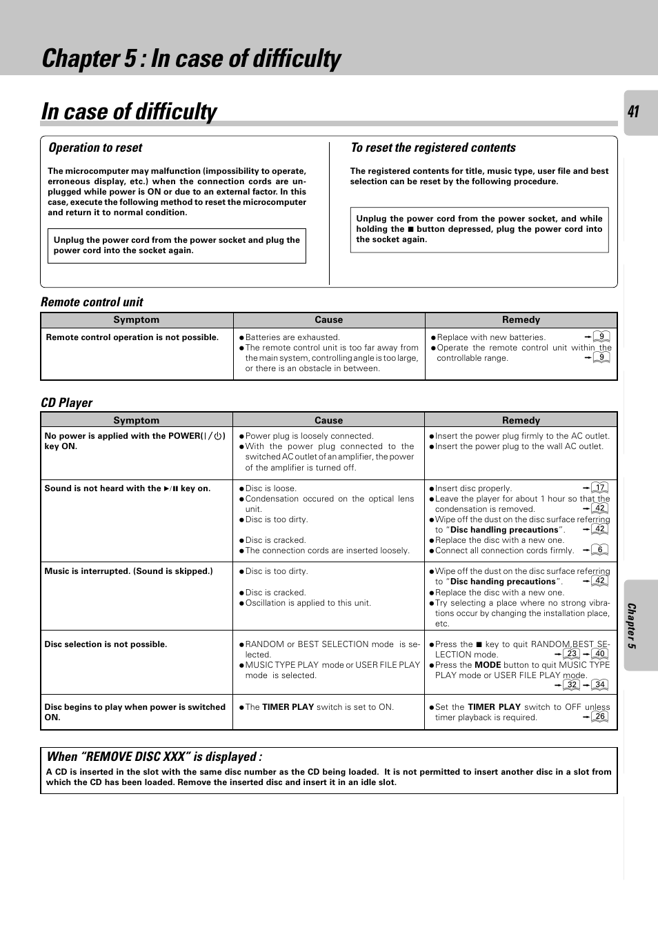 Chapter 5 : in case of difficulty, In case of difficulty, Operation to reset | Remote control unit, Cd player, When “remove disc xxx” is displayed | Kenwood DPF-J6030 User Manual | Page 41 / 44