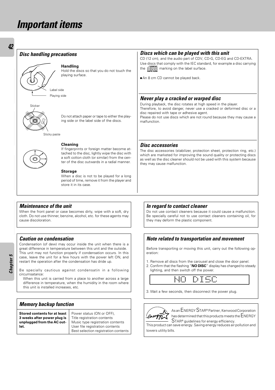 Important items, Discs which can be played with this unit, Disc handling precautions disc accessories | Never play a cracked or warped disc, Caution on condensation, Maintenance of the unit | Kenwood DPF-J6030 User Manual | Page 42 / 44