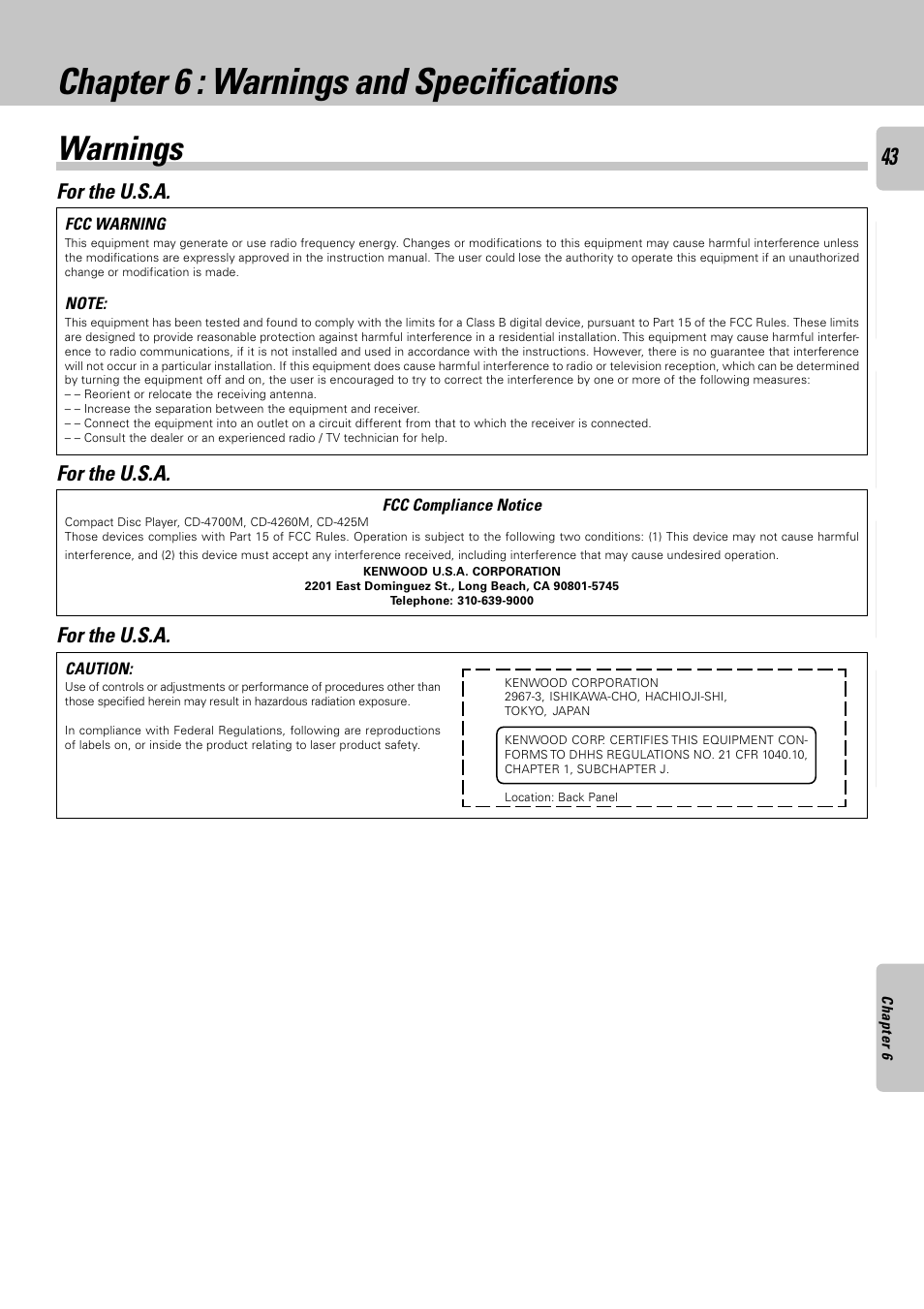 Chapter 6 : warnings and specifications, Warnings, For the u.s.a | Kenwood DPF-J6030 User Manual | Page 43 / 44