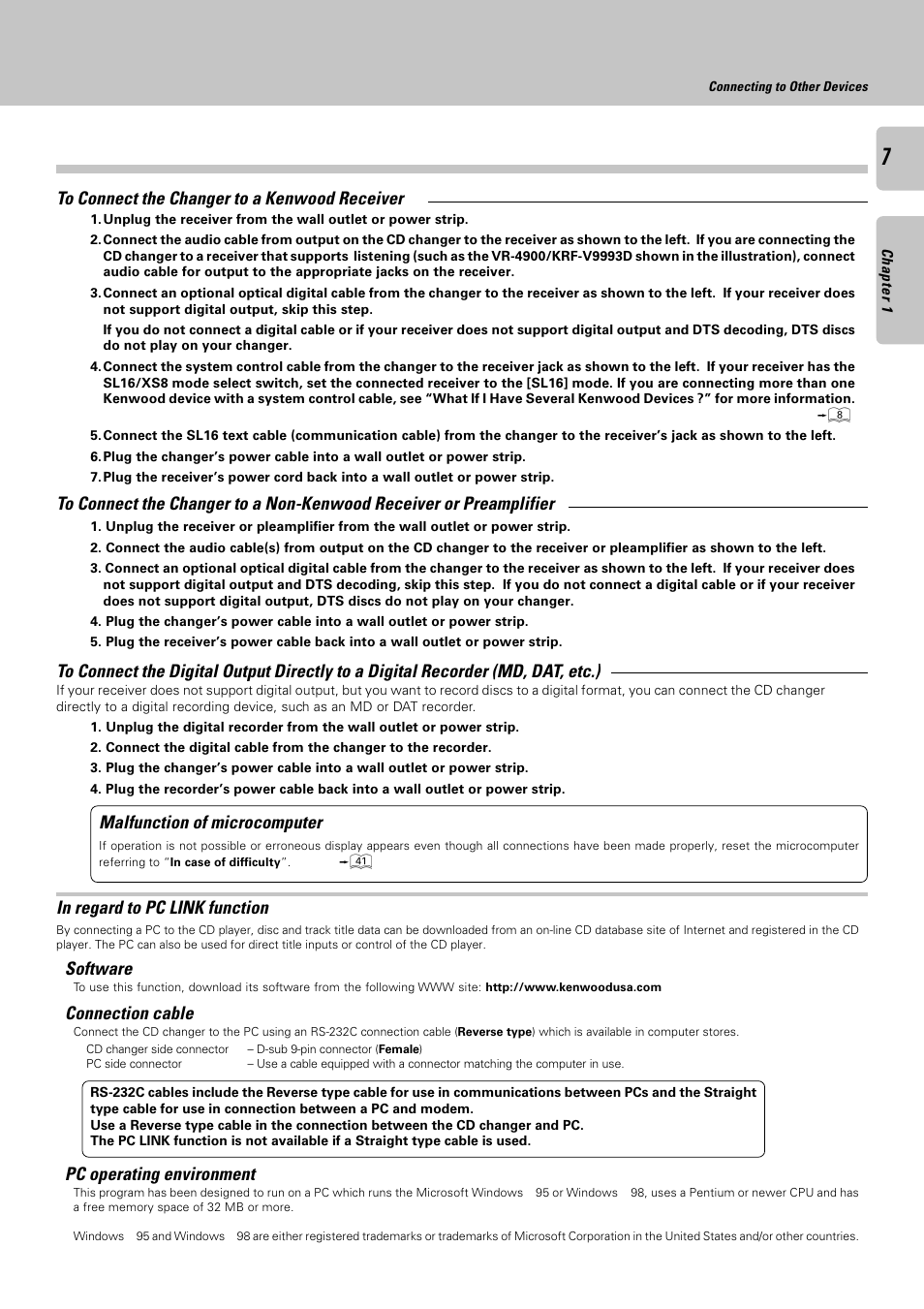 Pc operating environment, Software connection cable, Malfunction of microcomputer | Kenwood DPF-J6030 User Manual | Page 7 / 44