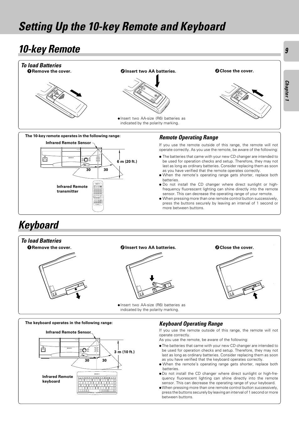 Setting up the 10-key remote and keyboard, Key remote, Keyboard | Key remote keyboard, Remote operating range, Keyboard operating range | Kenwood DPF-J6030 User Manual | Page 9 / 44