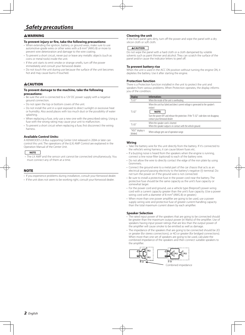 Safety precautions | Kenwood KAC-X541 User Manual | Page 2 / 10