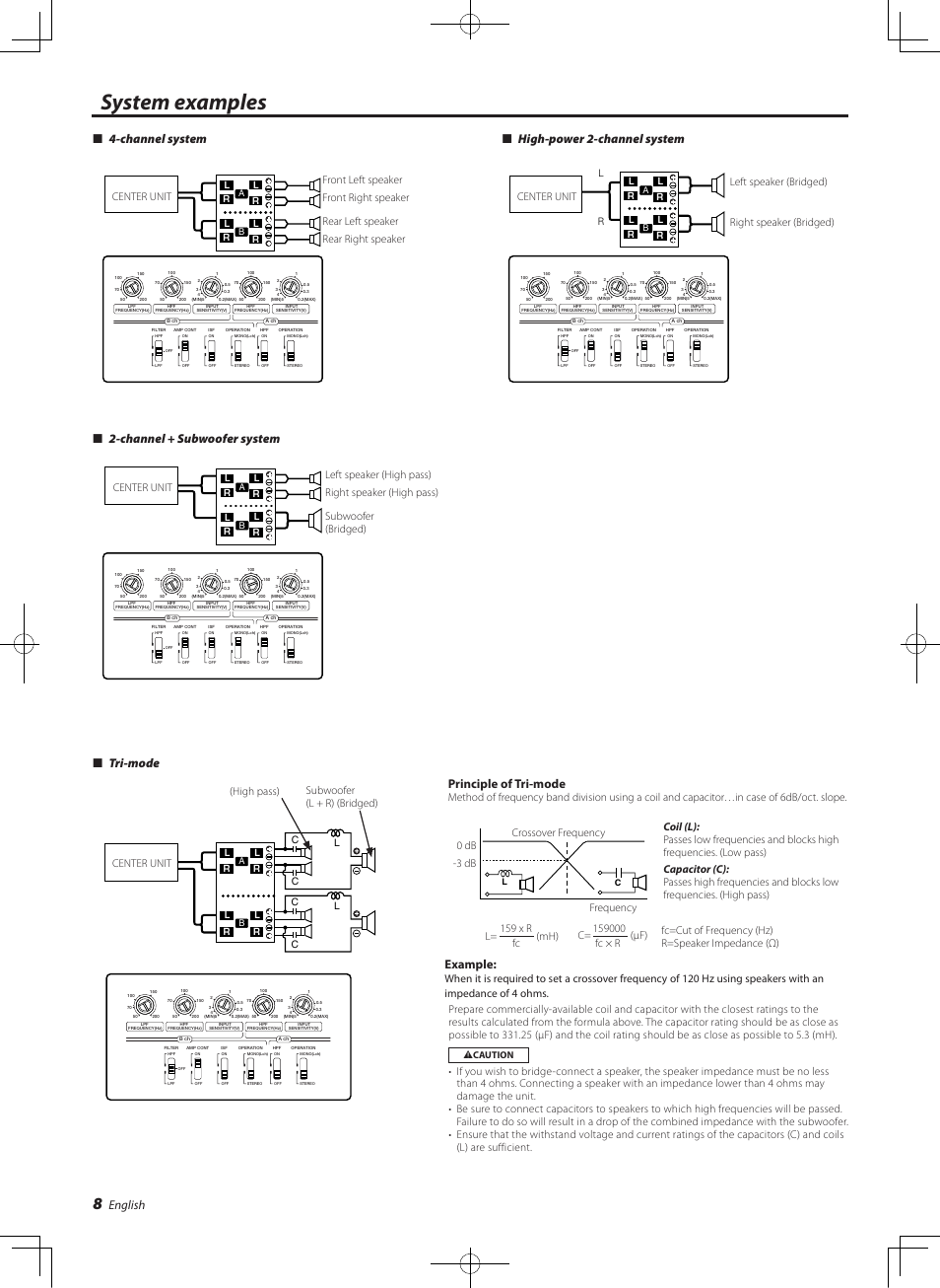 System examples, English, Tri-mode | Principle of tri-mode, Example, Channel system  high-power 2-channel system, Channel + subwoofer system, Right speaker (bridged) left speaker (bridged) | Kenwood KAC-X541 User Manual | Page 8 / 10