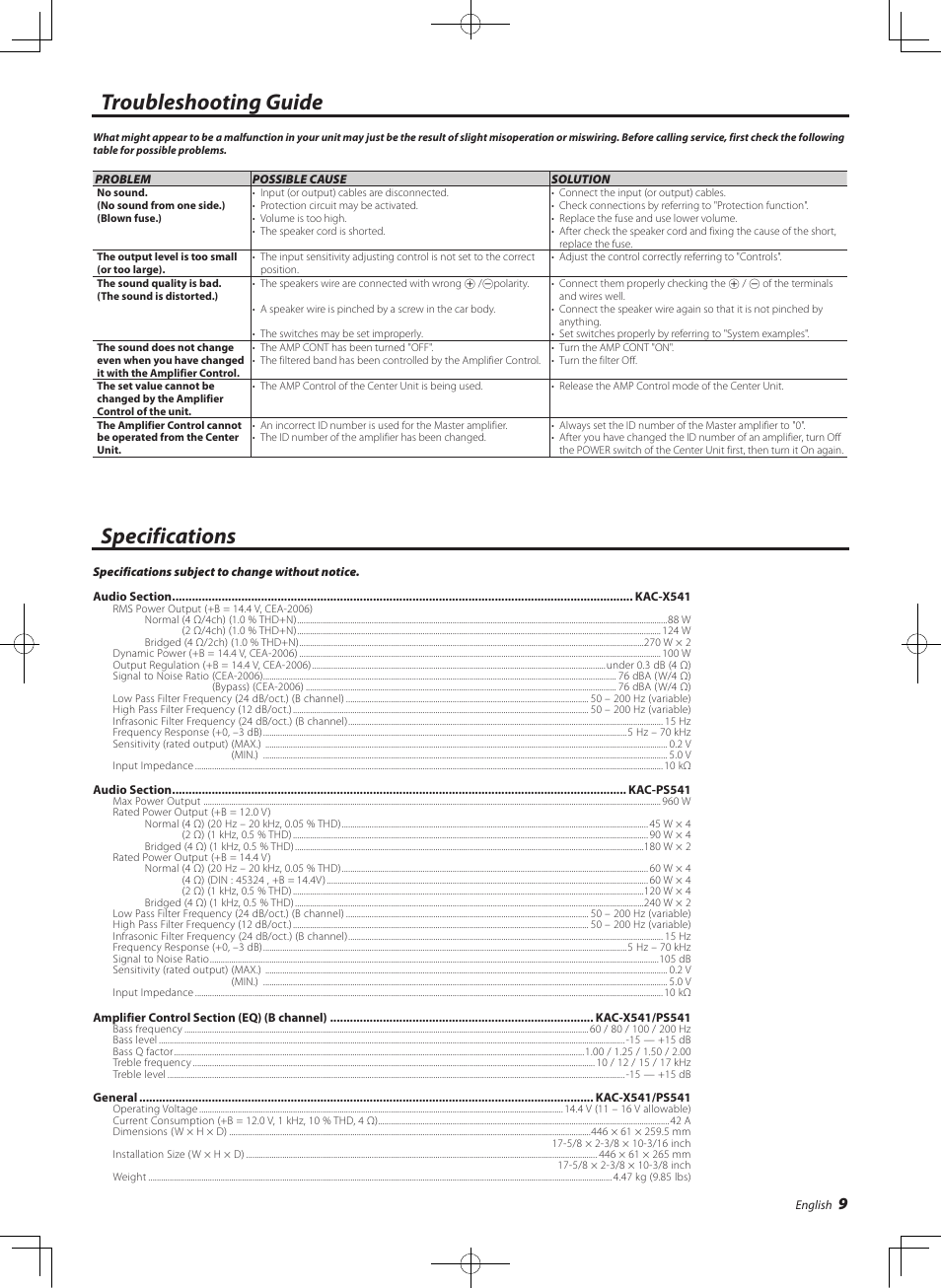 Troubleshooting guide, Specifications | Kenwood KAC-X541 User Manual | Page 9 / 10