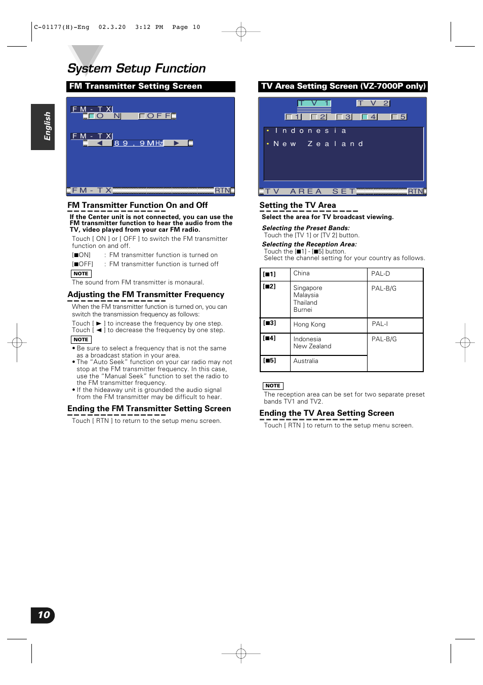 System setup function | Kenwood VZ-7000P User Manual | Page 10 / 28