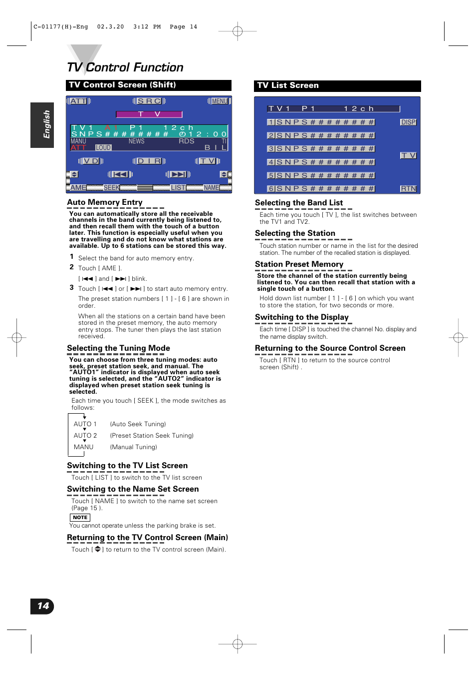Tv control function | Kenwood VZ-7000P User Manual | Page 14 / 28