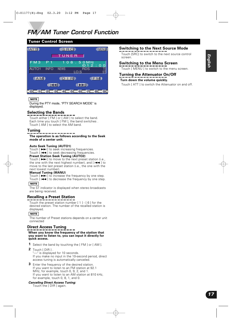 Fm/am tuner control function | Kenwood VZ-7000P User Manual | Page 17 / 28