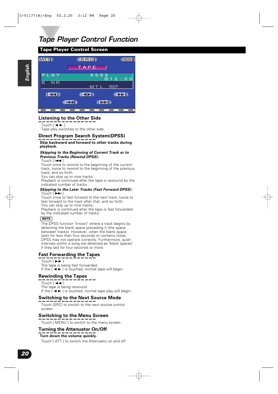 Tape player control function | Kenwood VZ-7000P User Manual | Page 20 / 28
