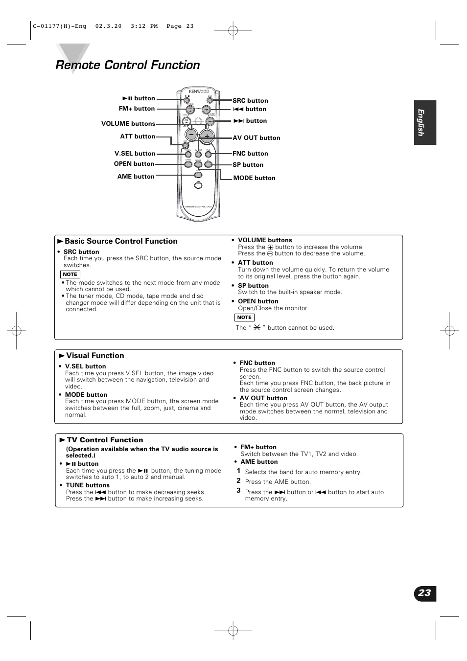 Remote control function, English, 3 basic source control function | 3 visual function | Kenwood VZ-7000P User Manual | Page 23 / 28