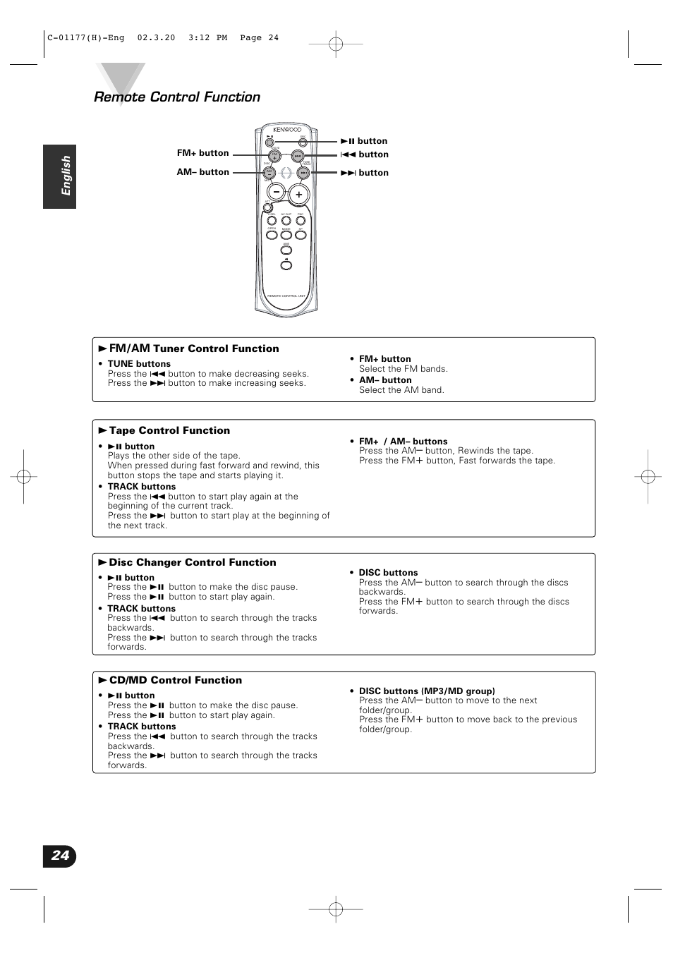 Remote control function, English, 3 fm/am | Kenwood VZ-7000P User Manual | Page 24 / 28