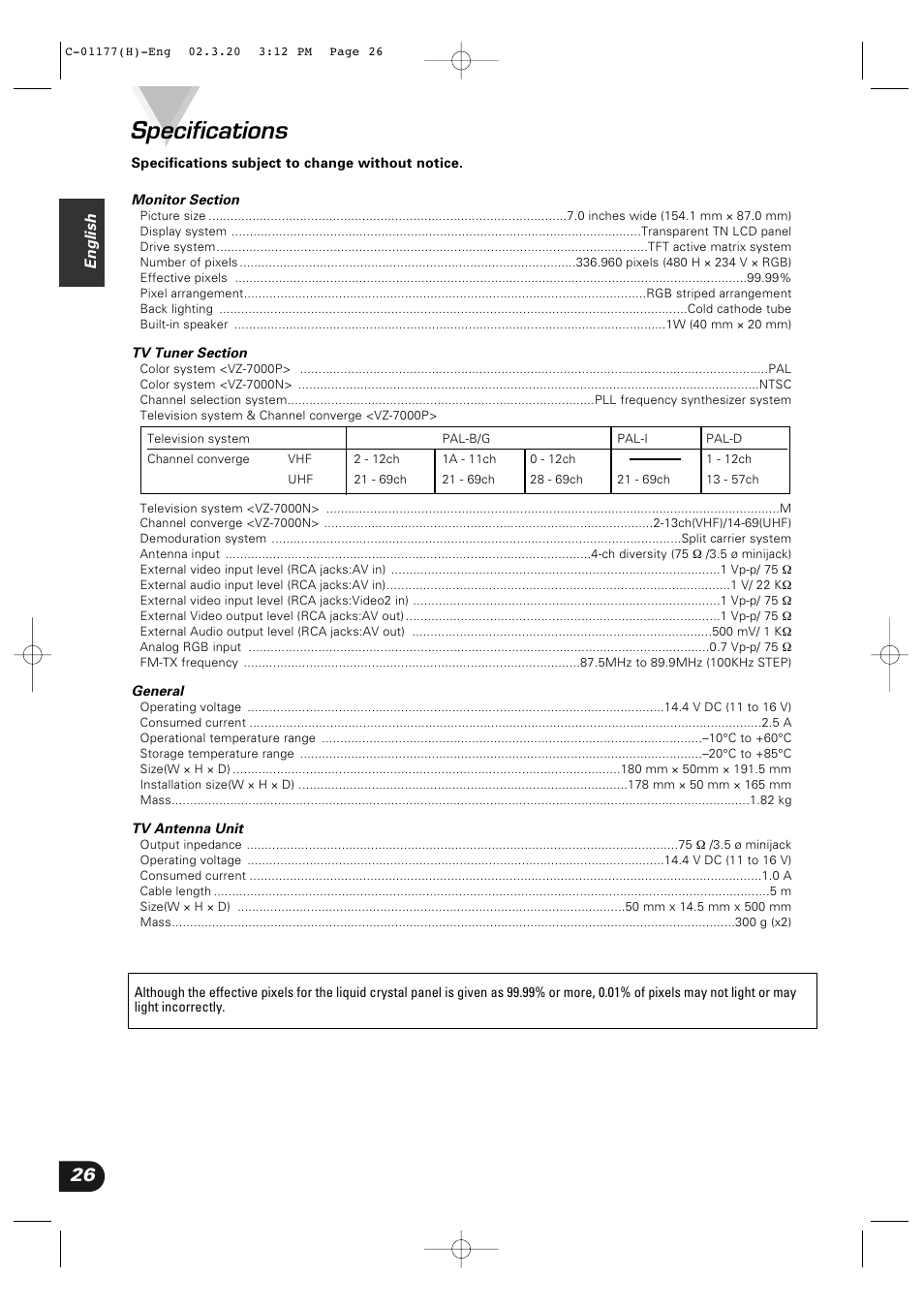 Specifications | Kenwood VZ-7000P User Manual | Page 26 / 28