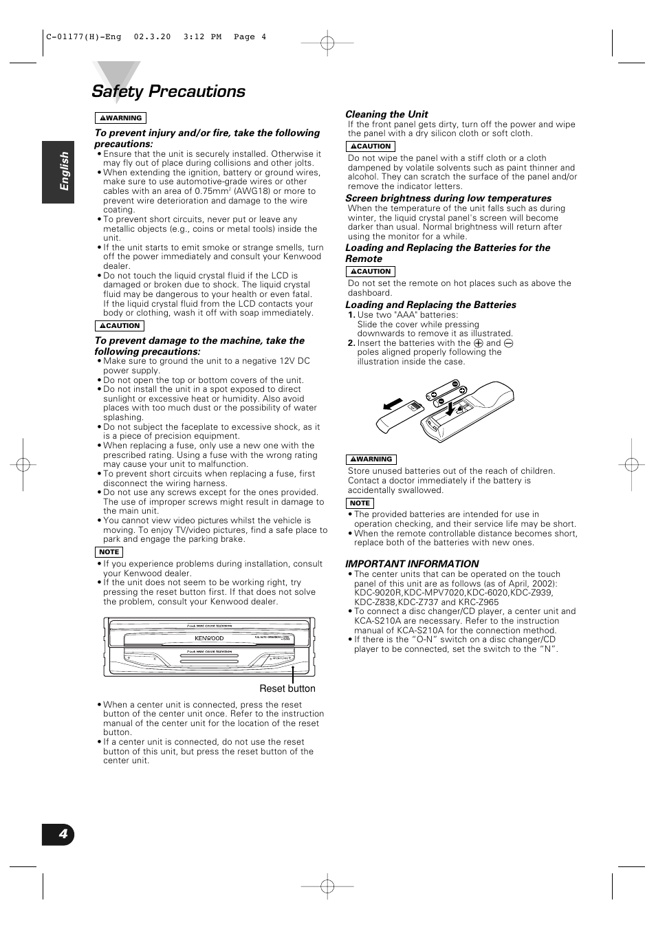 Safety precautions, English | Kenwood VZ-7000P User Manual | Page 4 / 28