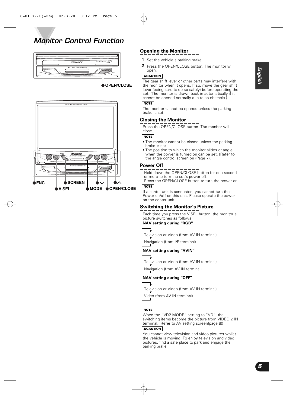 Monitor control function, English, Opening the monitor | Closing the monitor, Power off, Switching the monitor’s picture | Kenwood VZ-7000P User Manual | Page 5 / 28