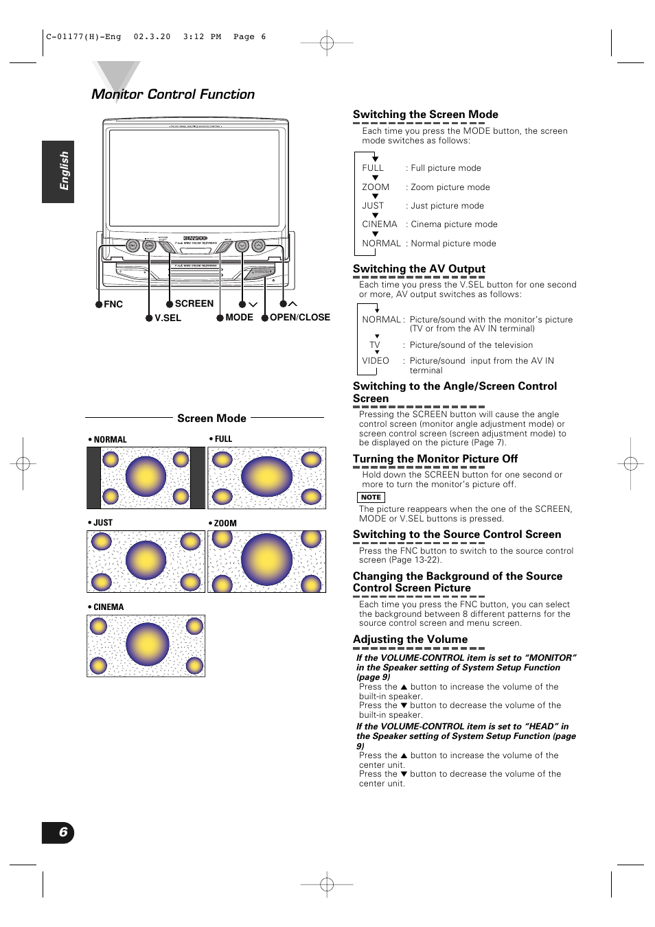 6monitor control function | Kenwood VZ-7000P User Manual | Page 6 / 28