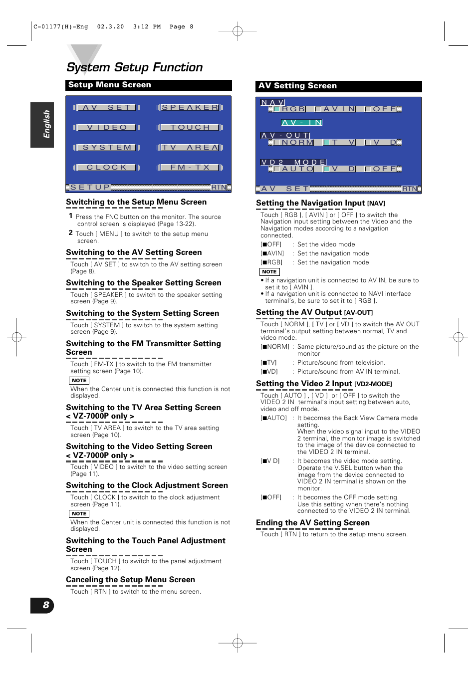 System setup function | Kenwood VZ-7000P User Manual | Page 8 / 28