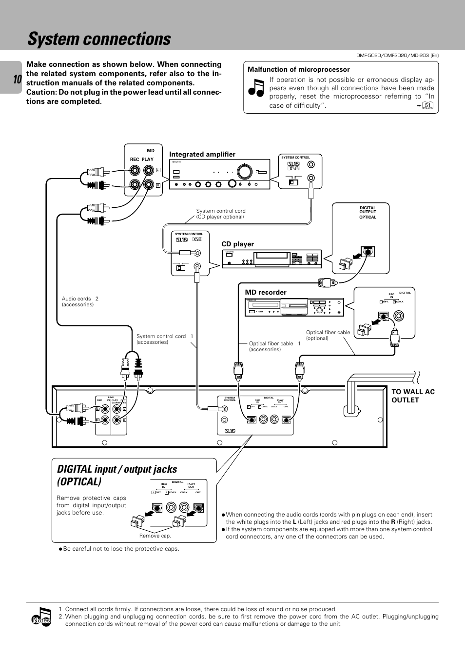 System connections, Digital input / output jacks (optical), Cd player md recorder | Kenwood DMF-5020 User Manual | Page 10 / 56