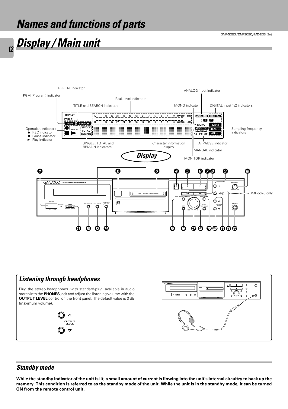 Names and functions of parts display / main unit, Standby mode, Display | Listening through headphones | Kenwood DMF-5020 User Manual | Page 12 / 56