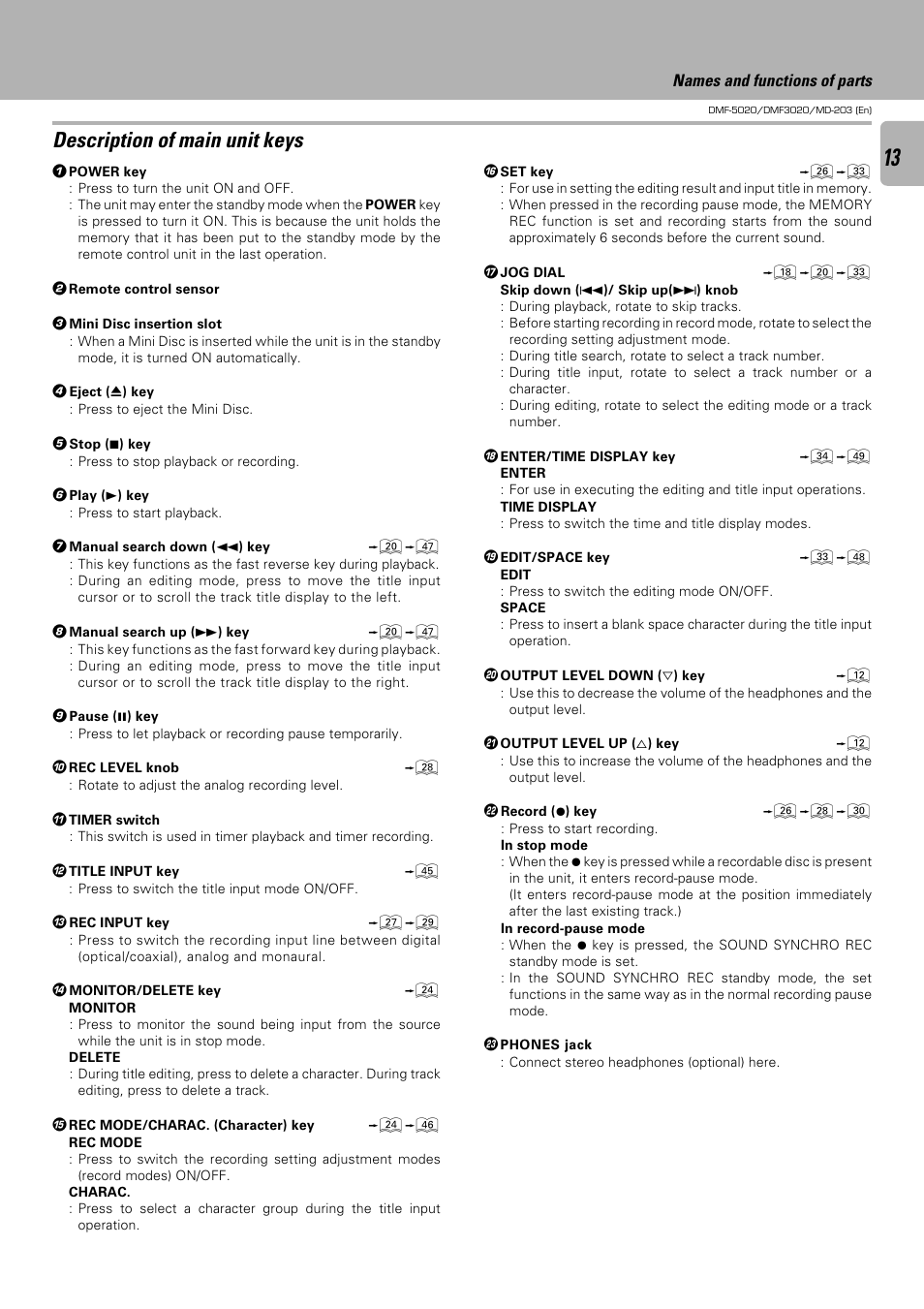 Description of main unit keys | Kenwood DMF-5020 User Manual | Page 13 / 56