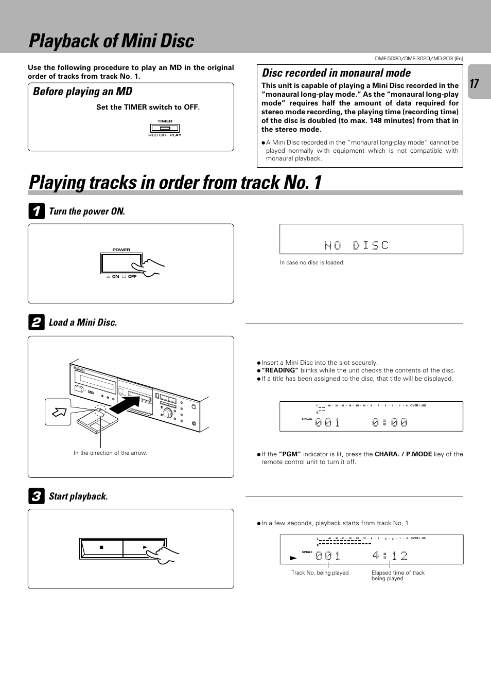 Playback of mini disc, Playing tracks in order from track no. 1, Before playing an md | Disc recorded in monaural mode, Set the timer switch to off | Kenwood DMF-5020 User Manual | Page 17 / 56