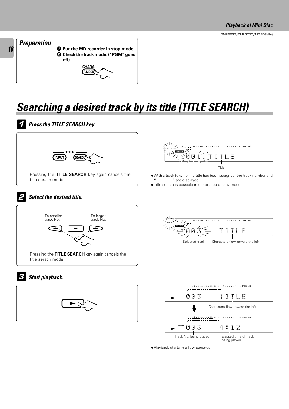 Preparation, Playback of mini disc, Put the md recorder in stop mode | Check the track mode. (“pgm” goes off), Playback starts in a few seconds | Kenwood DMF-5020 User Manual | Page 18 / 56