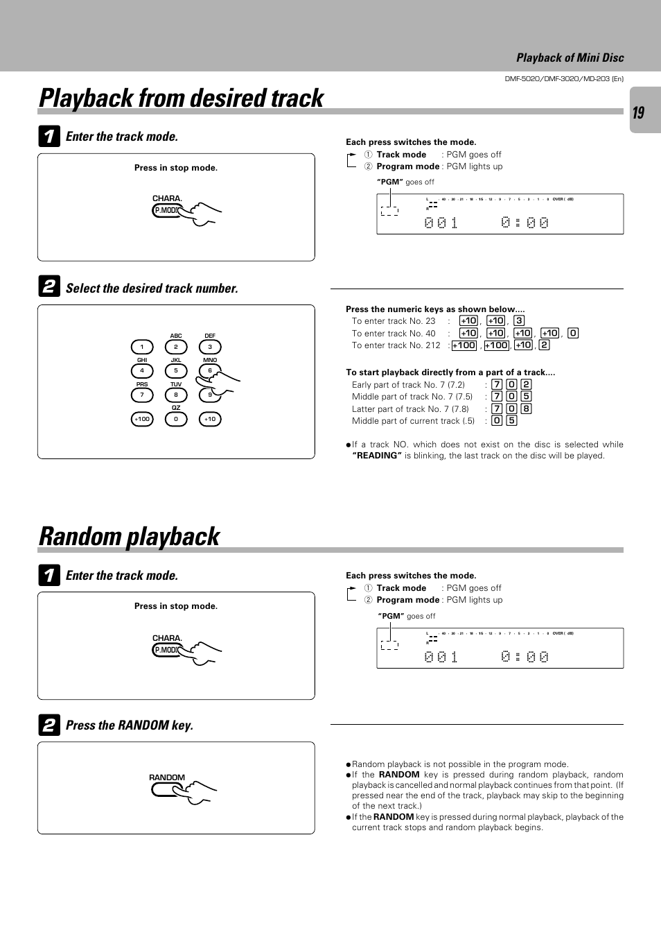 Random playback, Playback from desired track, Press the random key | Enter the track mode, Playback of mini disc | Kenwood DMF-5020 User Manual | Page 19 / 56