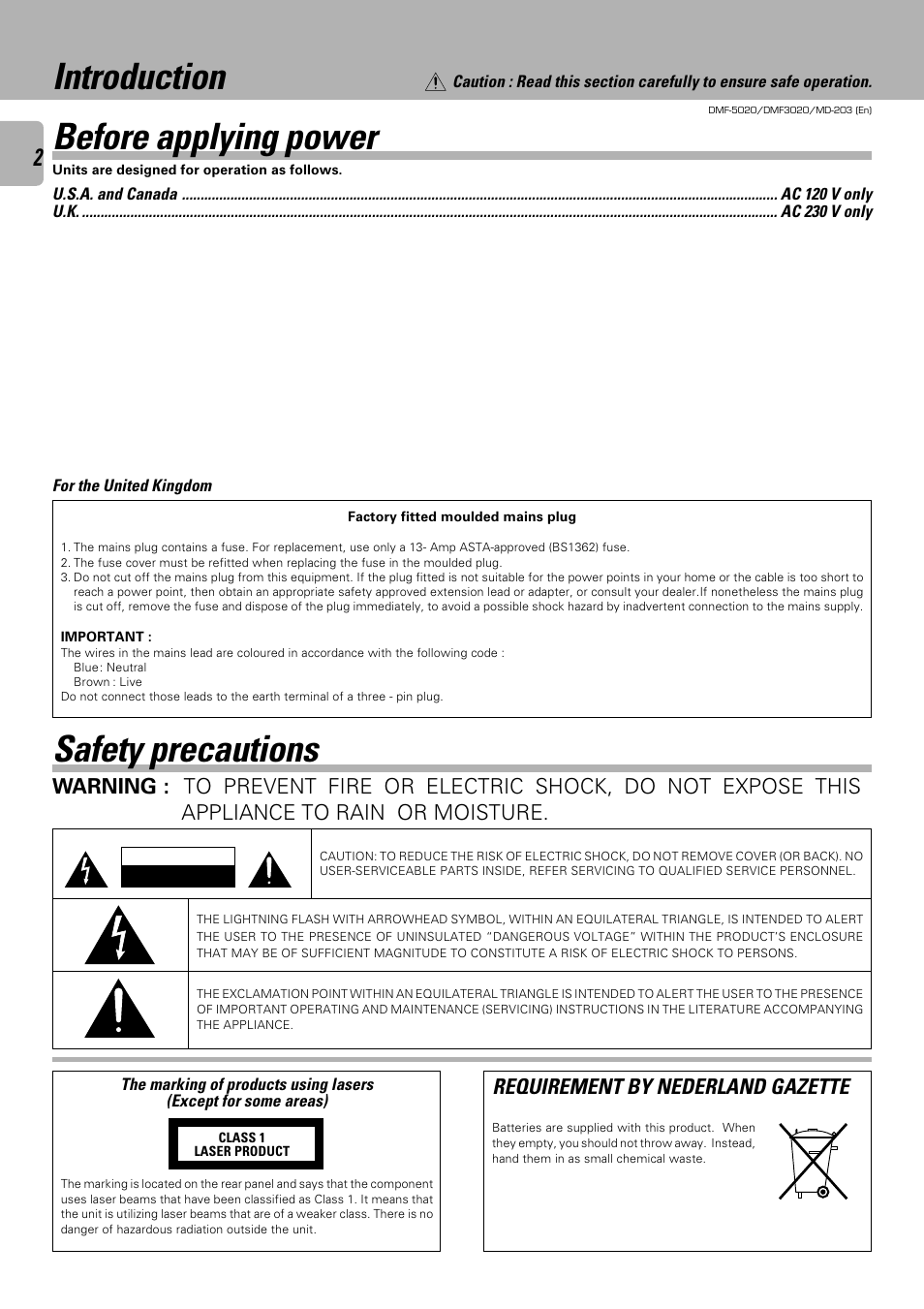 Introduction before applying power, Safety precautions, Requirement by nederland gazette | Kenwood DMF-5020 User Manual | Page 2 / 56