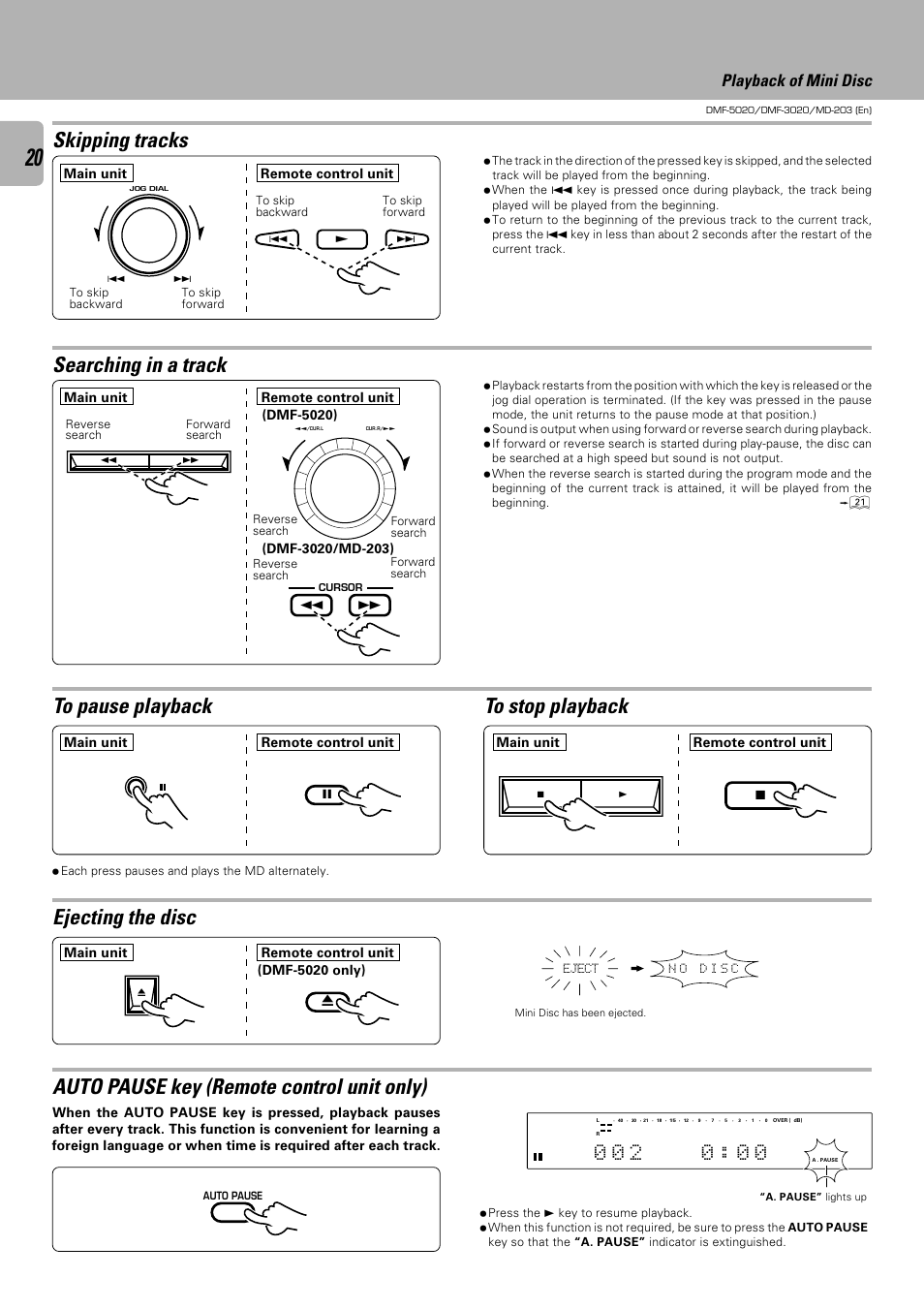 Searching in a track skipping tracks, Auto pause key (remote control unit only), Playback of mini disc | Kenwood DMF-5020 User Manual | Page 20 / 56